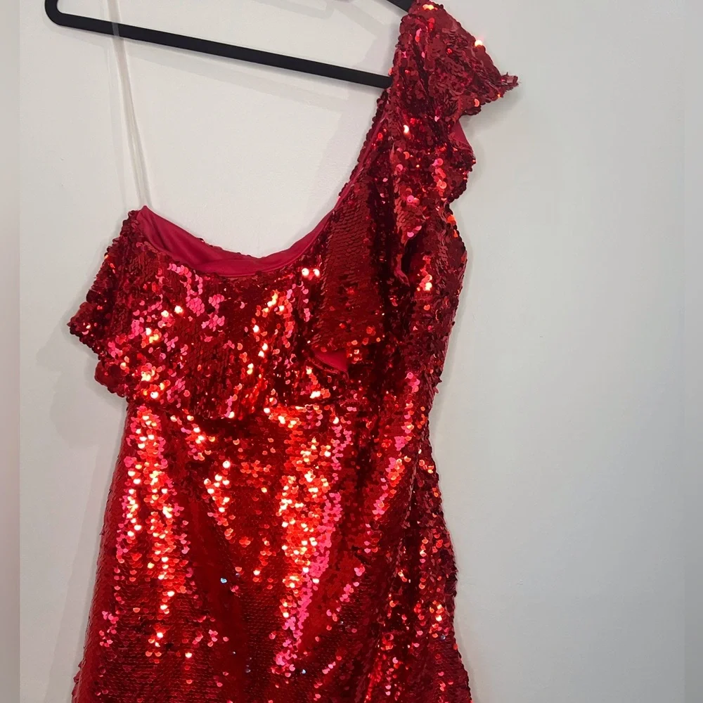 Leith Red Lava One Shoulder Mini Ruffle Dress Size Medium